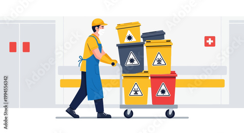 Healthcare worker transporting hazardous waste bins in hospital corridor