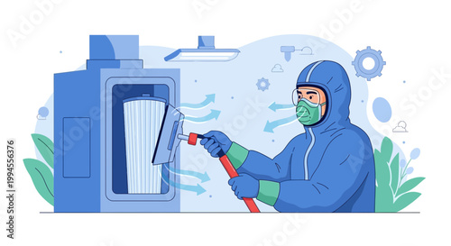 Industrial worker in hazmat suit cleaning air filter in factory, air purification system