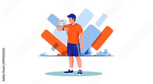 Man checking fitness tracker on smartwatch during outdoor workout, healthy lifestyle concept