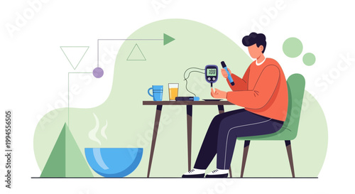 Man checking blood sugar level with glucose meter at home, healthy lifestyle concept