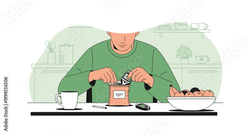 Man checking blood sugar level with glucose meter during breakfast at home