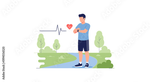 Man checking fitness tracker smartwatch in park, heart rate monitor, healthy lifestyle