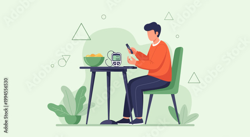 Man checking blood sugar levels at table with fruit bowl, diabetes monitoring