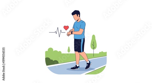 Man checking heart rate on smartwatch while jogging in park, fitness tracker, healthy lifestyle