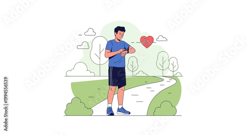 Man checking heart rate on smartwatch during outdoor run in park, healthy lifestyle concept