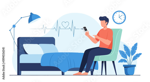 Man checking health app on phone in bedroom with heart rate monitor and clock