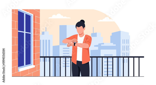 Man checking smartwatch on balcony with city skyline background