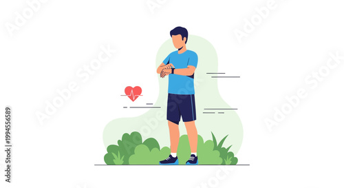 Man checking smartwatch in park with heart rate monitor, fitness tracking