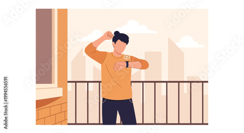 Man checking smartwatch on balcony with city skyline background