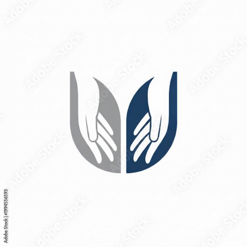 Hands shield logo icon with gray and blue curved panels and minimal line art for protective brand identity
