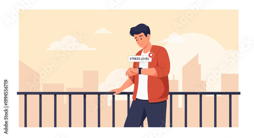 Man checks smartwatch showing high stress level on city balcony