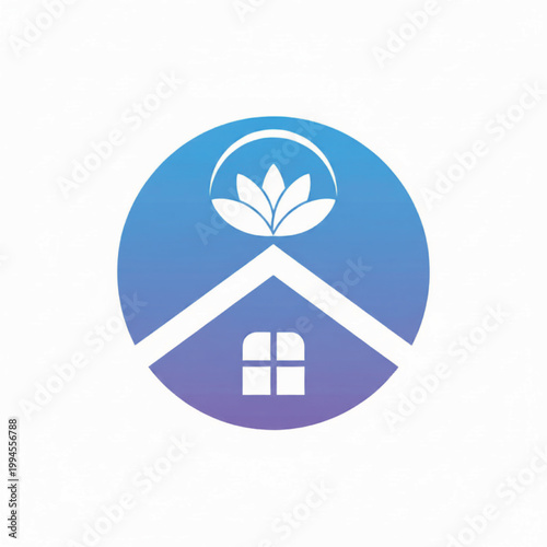 Eco house logo with blue and purple mountains, white leaves and ribbon, and a small windowed home icon