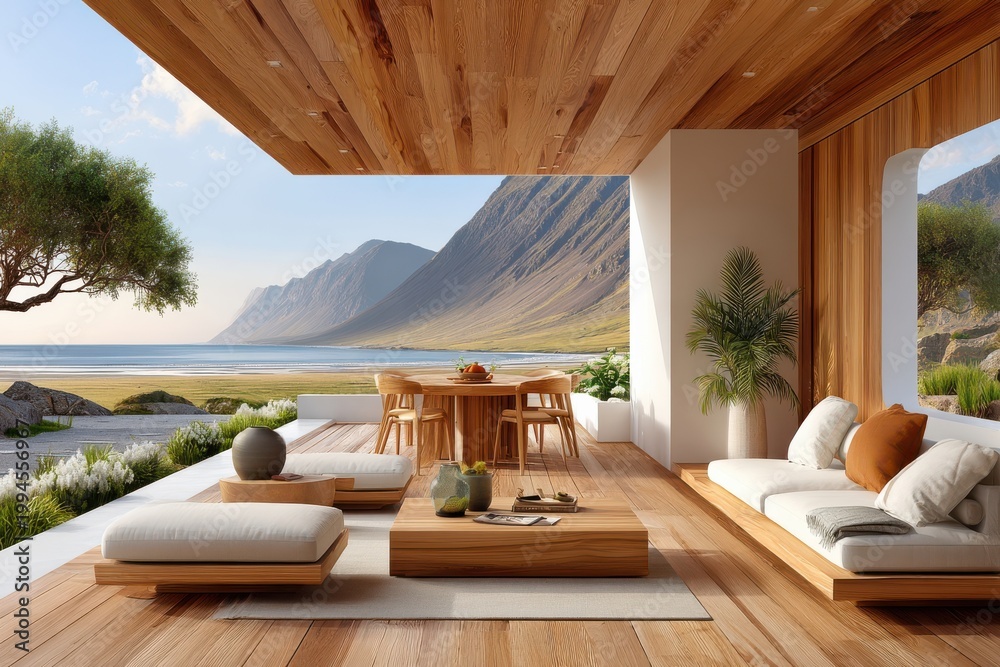 Fototapeta premium Wooden terrace with outdoor dining and seating overlooking coastal mountains and serene sea views