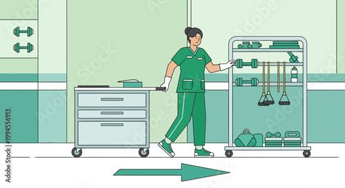 Nurse pushing therapy cart with dumbbells and exercise equipment in rehabilitation room