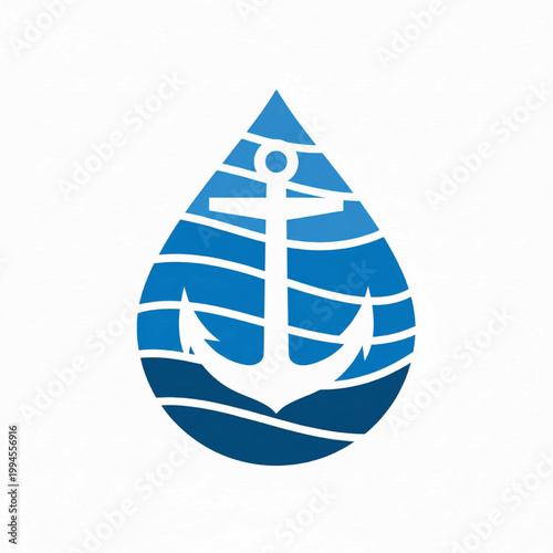 Compass rose shield with blue waves and cross line stripes, handmade project logo icon on plain background