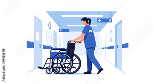 Nurse Pushing Wheelchair in Hospital Corridor