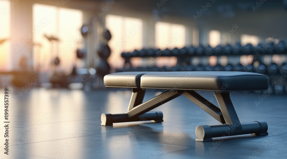 Fototapeta premium Black weight bench in modern gym with dumbbell rack and sunset light