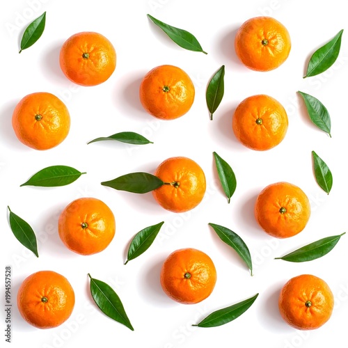 Fresh oranges and green leaves arrangement.