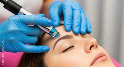 Professional hydrafacial treatment on a young womans forehead in a beauty clinic