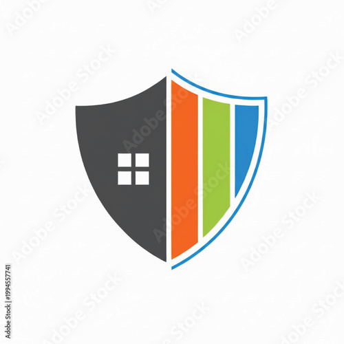 Shield emblem with black gray base and colored vertical panels orange green and blue for security protection icon