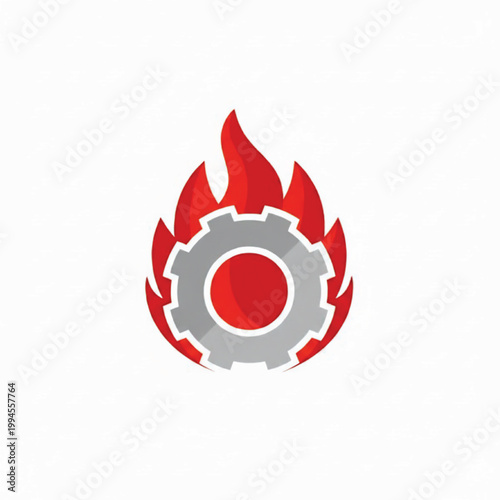 Gear with red flames and circular core icon for industrial fire safety and energy innovation branding