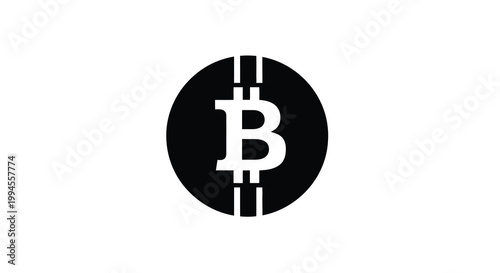Black circle featuring a white bitcoin symbol and parallel lines