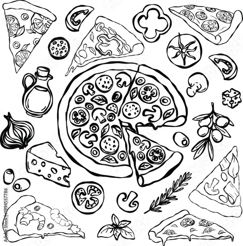 Pizza ingredients big set line art. Hand drawn doodle collection of pizza slices, vegetables, cheese, tomato, pepper, olives, herbs. Italian food outline illustration