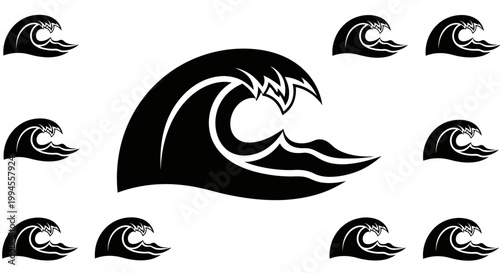 Abstract illustration of ocean waves in black and white minimalist design