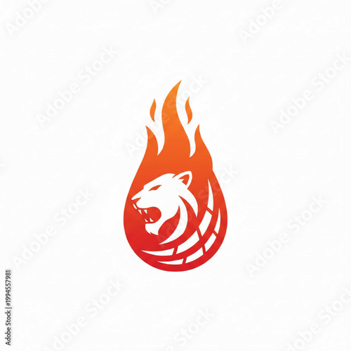 Lion head logo icon with orange flames and tribal lines for sporty esports and fire branding featuring mascot, animal symbol, wildcat with gaming