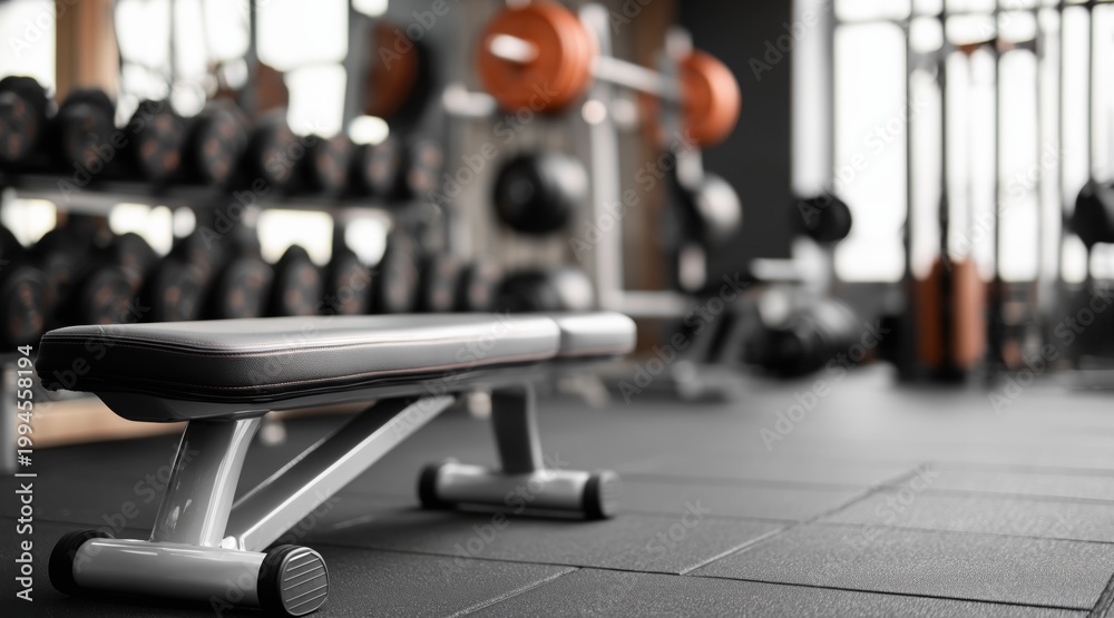 Fototapeta premium Modern gym interior with weight bench and blurred fitness equipment