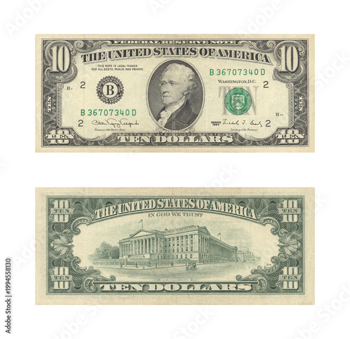 Slika na platnu Front and back of a united states ten dollar bill featuring alexander hamilton a