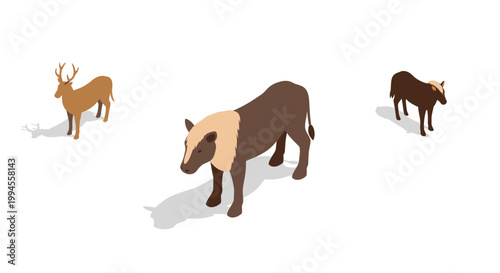 Isometric representation of diverse animal illustrations on a clean white background