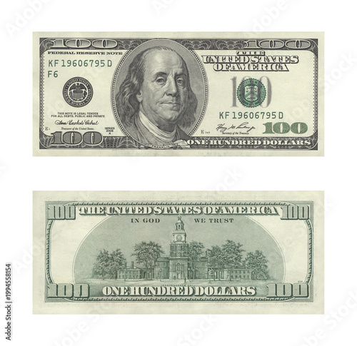 Front and back views of a one hundred dollar bill showing benjamin franklin portrait and independence hall isolated
