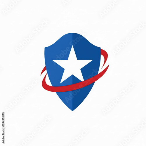 Shield star logo with blue emblem and red ribbon, handmade style icon for patriotic branding and sports identity