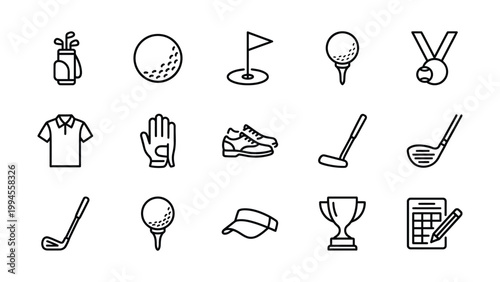 Golf sport equipment and accessories collection icon set with hand drawn equipment collection sneakers scorecard calculator illustration competition activity recreation athletic