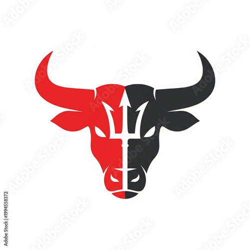 Bull head logo with crossed sword emblem, red and black horn shapes, handmade project graphic on white background