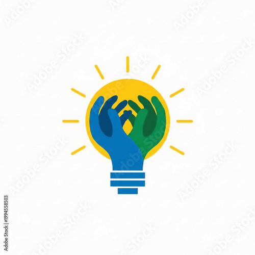 Hand holding a glowing light bulb icon with blue green gradient and yellow rays for creative ideas concept