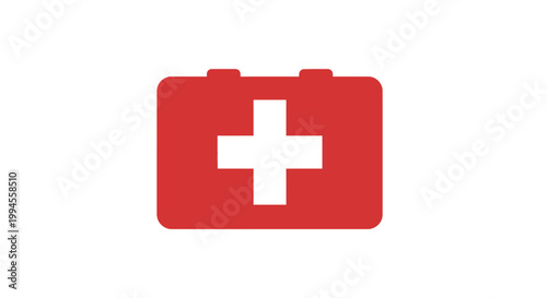 A minimalistic first aid kit icon representing emergency assistance and medical care, in red