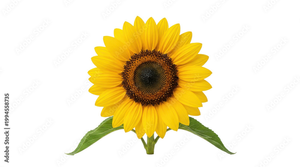 Fototapeta premium Vibrant yellow sunflower with green leaves against a white background