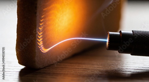 Plasma arc or laser beam hitting a porous material causing heat glow and smoke