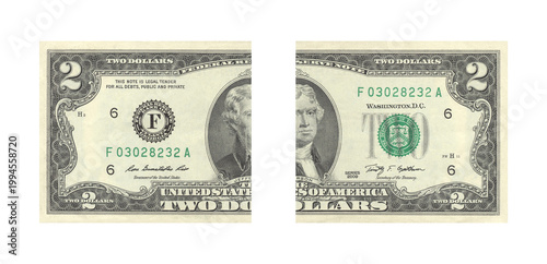 Obraz na plátně Torn two dollar bill split in half with obsolete currency concept and financial