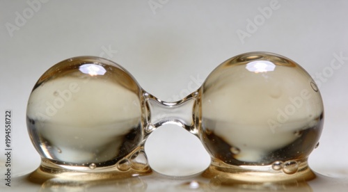 Macro shot of two golden viscous liquid droplets connecting through a thin bridge