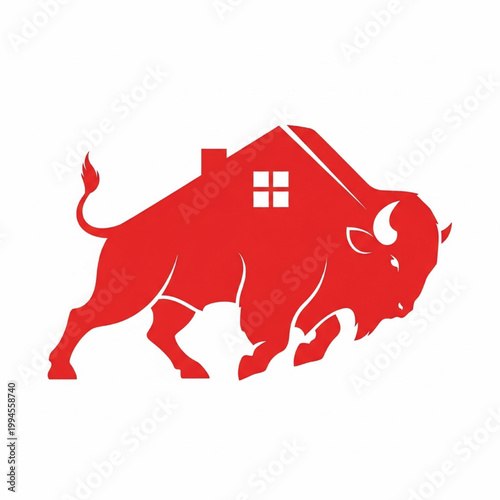 Bull illustration with red bull shape, white cutout details, and small house-like icon in the background