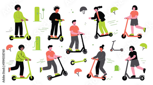 Diverse people riding electric scooters in urban environment with charging stations and helmets for eco friendly transportation and city mobility