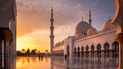 Sheikh zayed grand mosque in abu dhabi at sunset