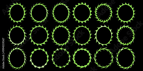 Arrangement of bright green thorn covered oval frames on a dark background