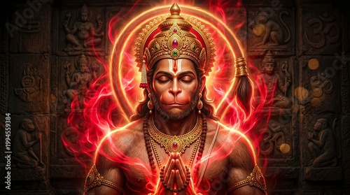 Powerful Hanuman Ji Standing with Gada in Spiritual Light