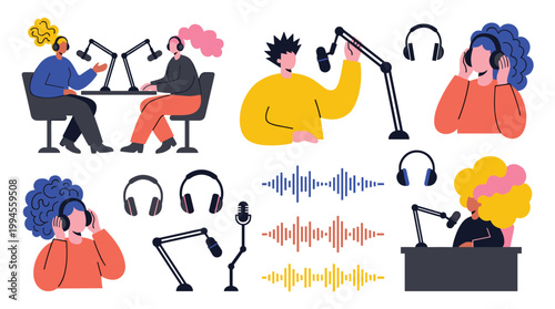 Podcast recording session with hosts and guests using microphones and headphones, audio waves illustration