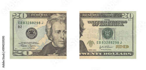 Bild auf Leinwand Two twenty dollar bills displayed front and back in studio lighting against a wh