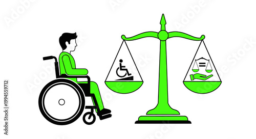 Disability Equality and Justice Concept: Person in Wheelchair and Scales of Justice